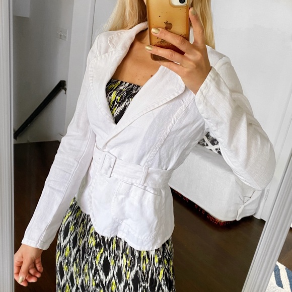 🐚 H&M WHITE LINEN BELTED BLAZER JACKET! - Picture 2 of 14